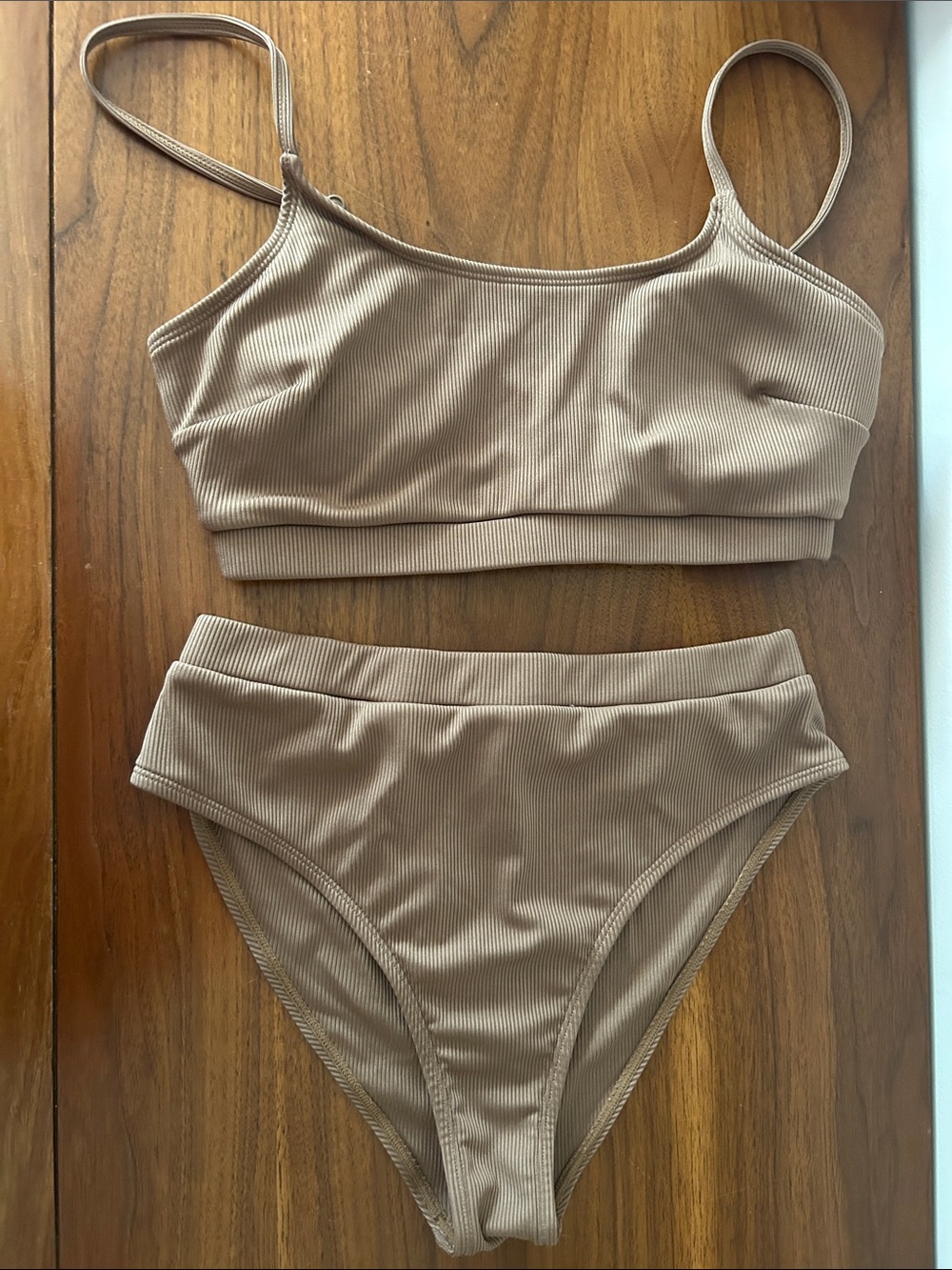 Cupshe Ribbed High Waist Bikini Set in Taupe
